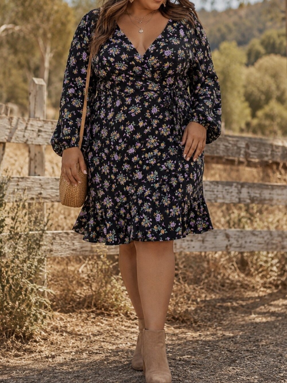 ASOS Curve Plus Size Black Floral Wrap Mini Dress Long Sleeve Ruffle Hem V-Neck